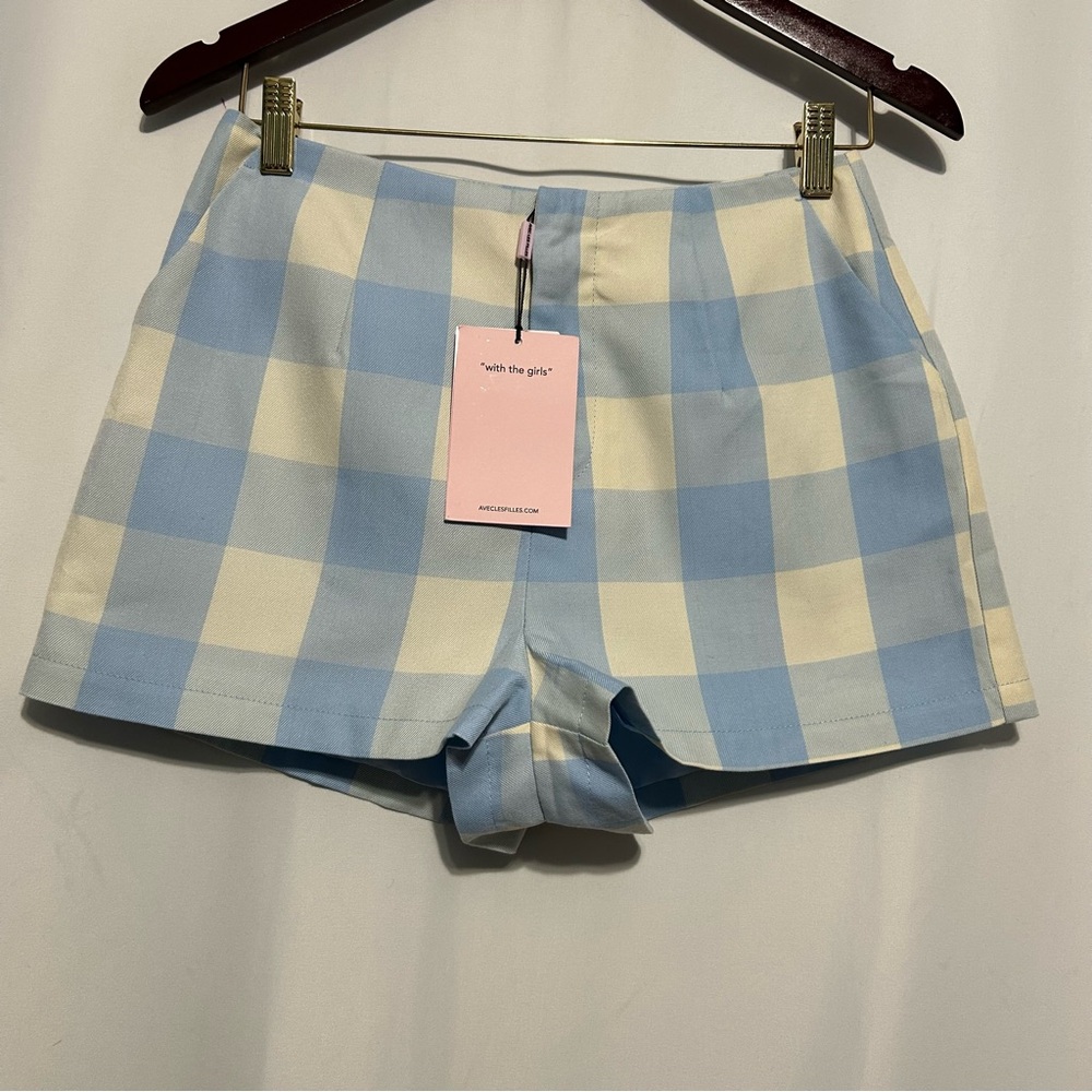 Avec Les Filles Womens Blue Gingham Plaid Tailored Shorts Sz 2 NWT